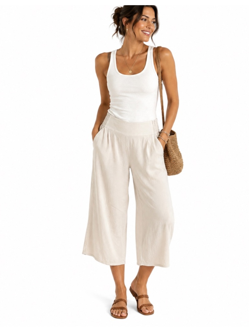 Talula Sullivan Wide Leg Crop Culottes Cream Rayon Pull On Pants Large Casual